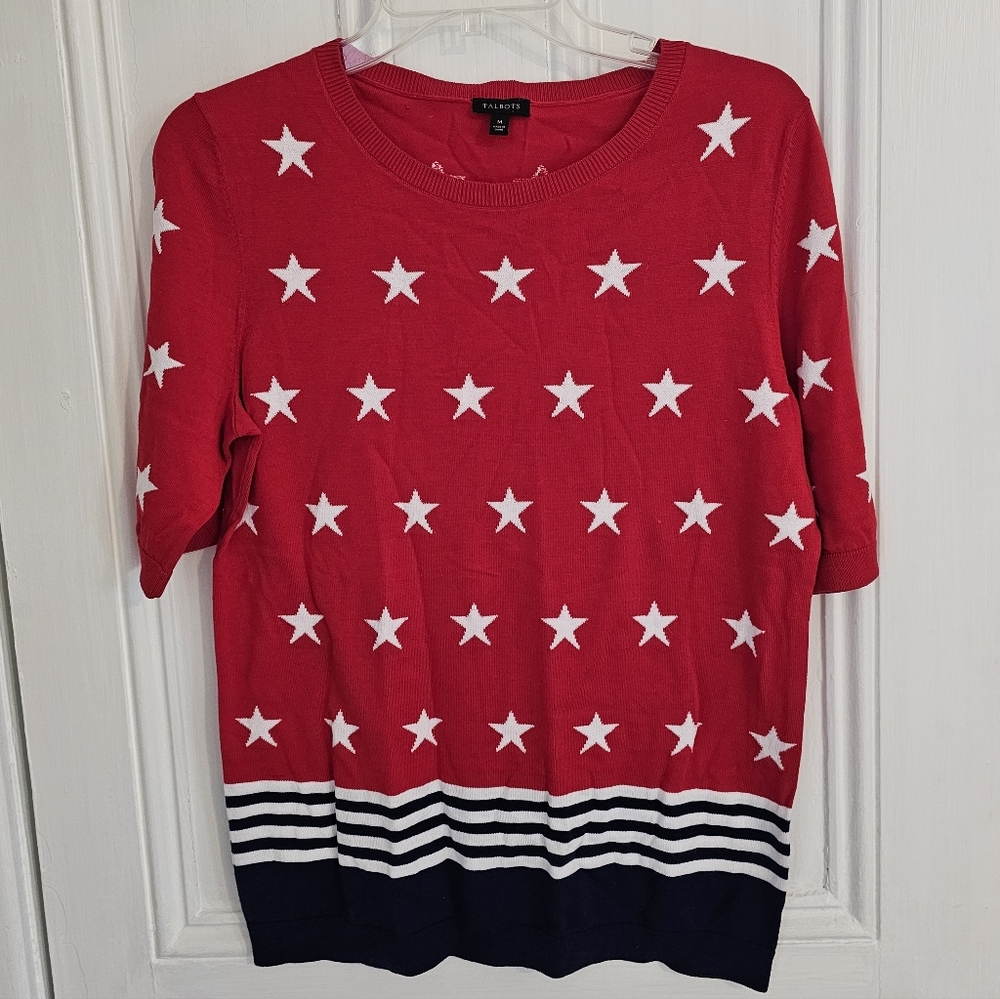 Talbots Medium Patriotic Sweater Stars Stripes Cotton Rayon Lightweight